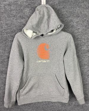 Carhartt Hoodie Sweatshirt Youth Large 14-16 Gray Fleece Pullover Logo